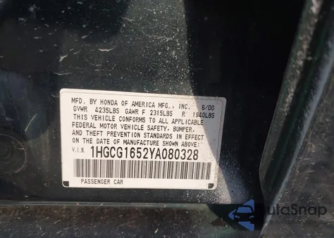 2000 Honda Accord Ex from USA, damaged, VIN 1HGCG1652YA080328